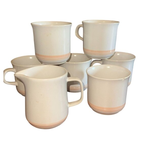 Set Of 6 Genuine Stoneware Mugs & Creamer With Pink Stripes - Picture 1 of 7